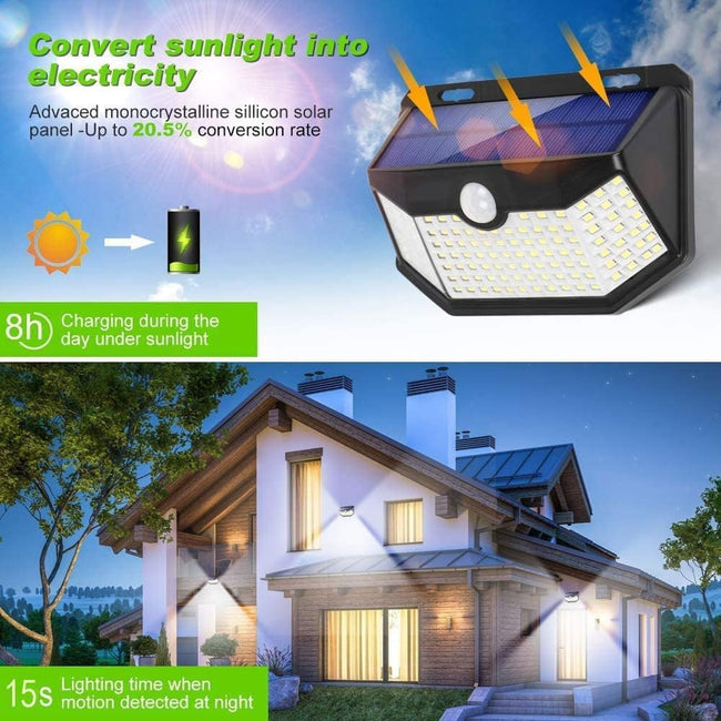 HMCITY Solar Lights Outdoor 120 LED with 3 Lighting Modes, Motion Sensor Wall Lights,IP65 Waterproof Solar Powered for Garden Patio Yard (Back Button 2Packs, Black Shell-Daylight White) Main Image