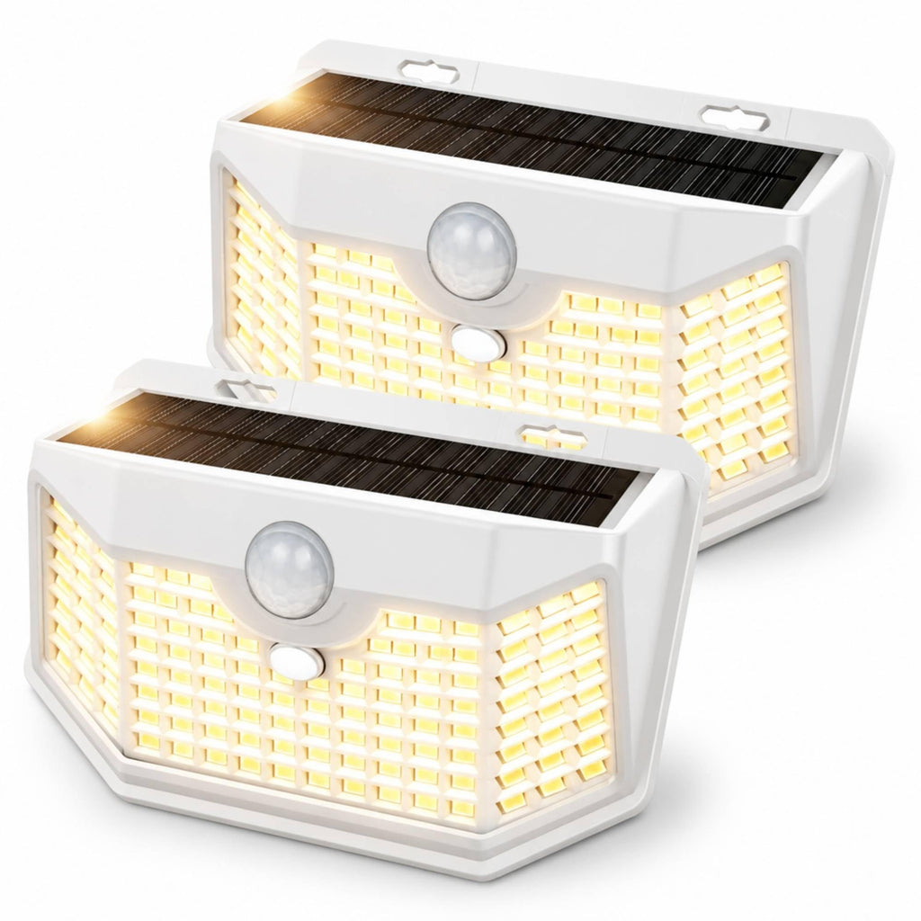 HMCITY Solar Lights Outdoor 120 LED with 3 Lighting Modes, Motion Sensor Wall Lights,IP65 Waterproof Solar Powered for Garden Patio Yard (Back Button 2Packs, Black Shell-Daylight White)