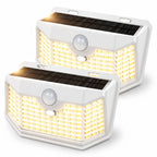 HMCITY Solar Lights Outdoor 120 LED with 3 Lighting Modes, Motion Sensor Wall Lights,IP65 Waterproof Solar Powered for Garden Patio Yard (Back Button 2Packs, Black Shell-Daylight White)