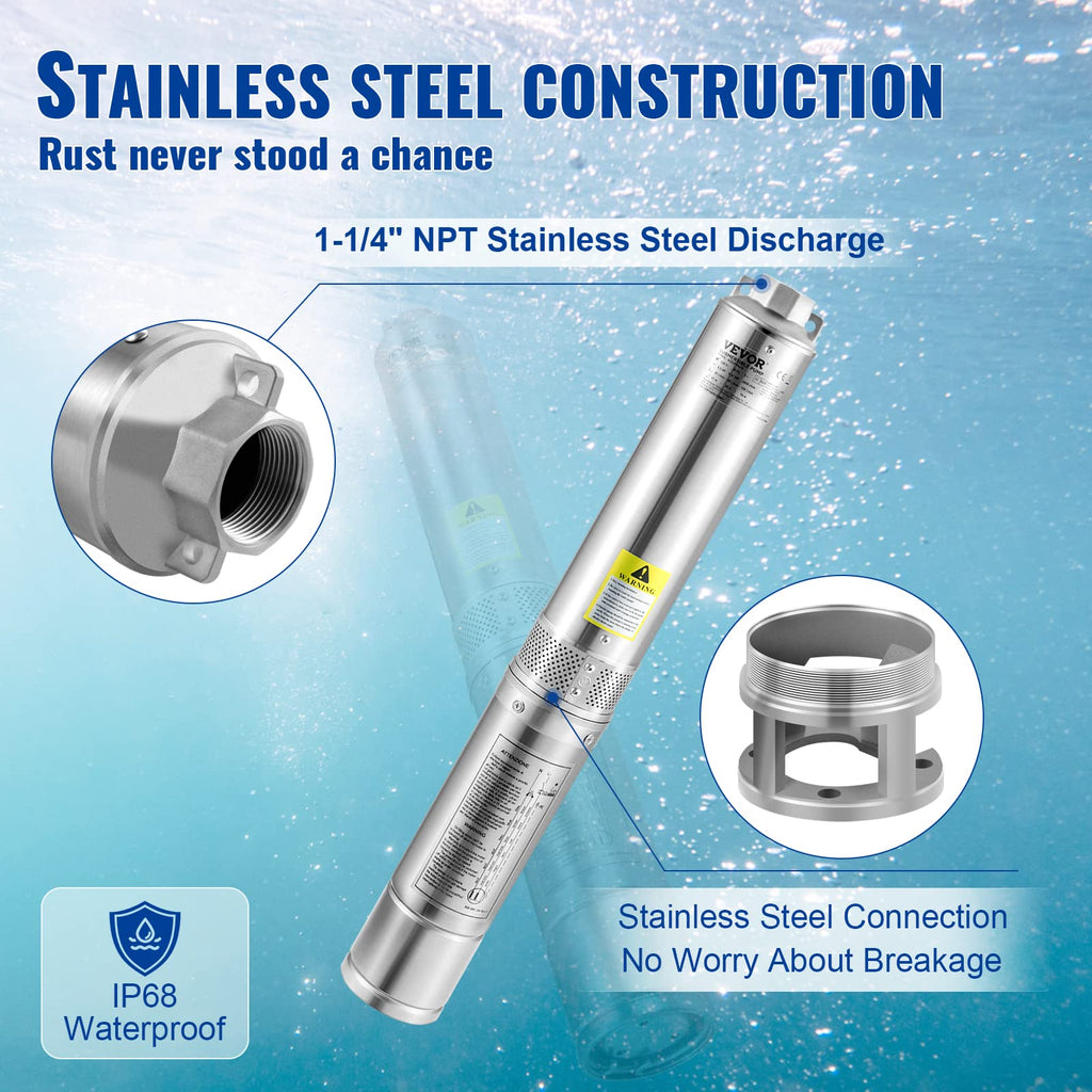 VEVOR Deep Well Submersible Pump, 1HP 115V/60Hz, 37gpm Flow 207ft Head, with 33ft Electric Cord, 4" Stainless Steel Water Pump for Industrial, Irrigation&Home Use, IP68 Waterproof Grade