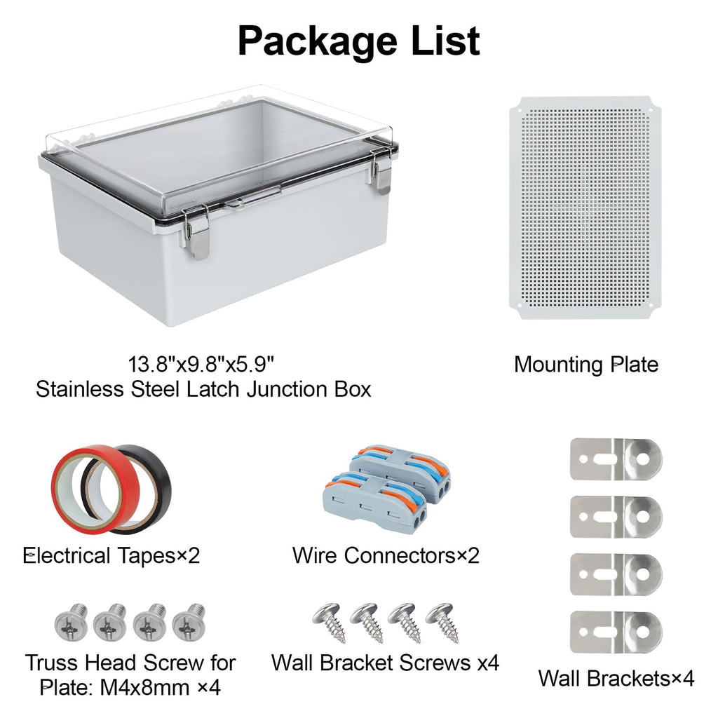 HoHaing Junction Box,IP67 Waterproof Electrical Box Hinged Clear Cover,Electrical Enclosure with Stainless Steel Latch,Terminal Box with Mounting Plate,Wire Connectors,Electrical Tapes,13.8"x9.8"x5.9"