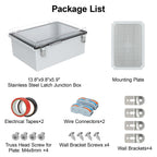 HoHaing Junction Box,IP67 Waterproof Electrical Box Hinged Clear Cover,Electrical Enclosure with Stainless Steel Latch,Terminal Box with Mounting Plate,Wire Connectors,Electrical Tapes,13.8"x9.8"x5.9"