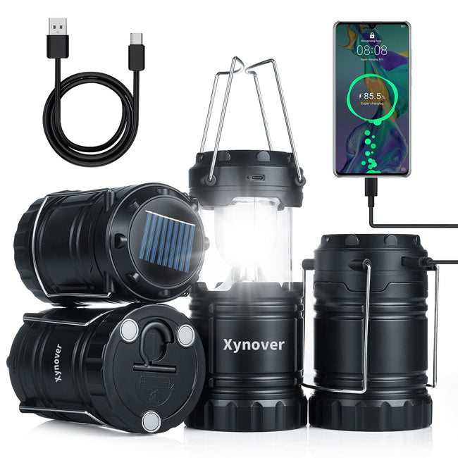 Xynover 4-Pack Solar Camping Lanterns,Rechargeable LED with USB/Solar/AA Battery,Magnetic Base,Hanging Hook,Collapsible, Waterproof for Emergency, Hiking,Hurricane,Campsites,Lanterns for Power Outages Hover Image