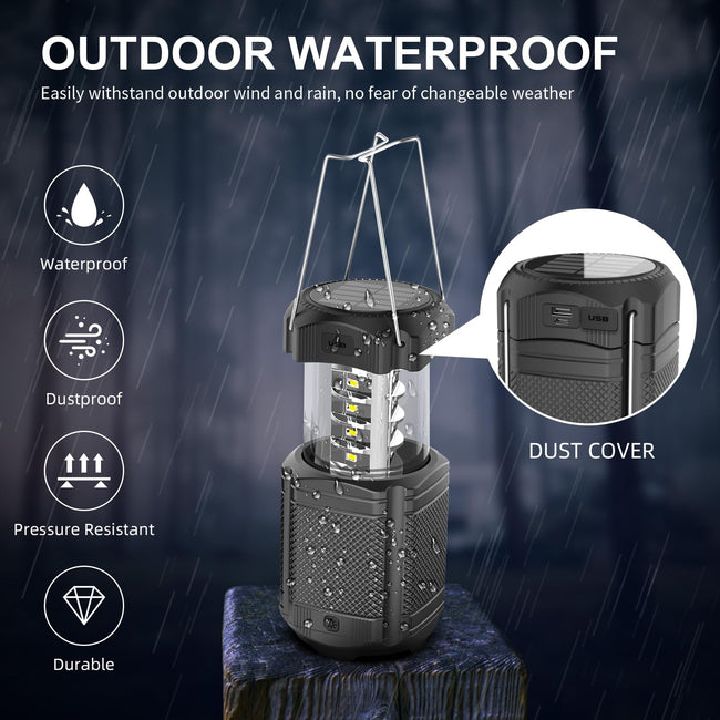 Camping Lantern 5000mAh Solar Hand Crank Telescopic LED Flashlight USB Charger for Power Outages ,Portable Rechargeable Battery Powered Operated Lanterns Lamp, Camping Gear Accessories (Black) Main Image