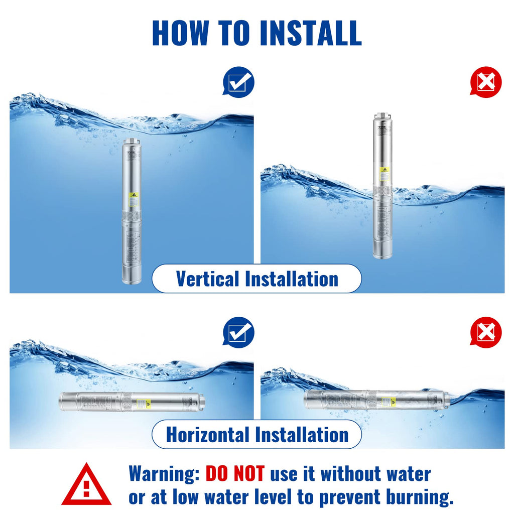 VEVOR Deep Well Submersible Pump, 1HP 230V/60Hz, 37gpm Flow 207ft Head, with 33ft Electric Cord, 4" Stainless Steel Water Pump for Industrial, Irrigation&Home Use, IP68 Waterproof Grade