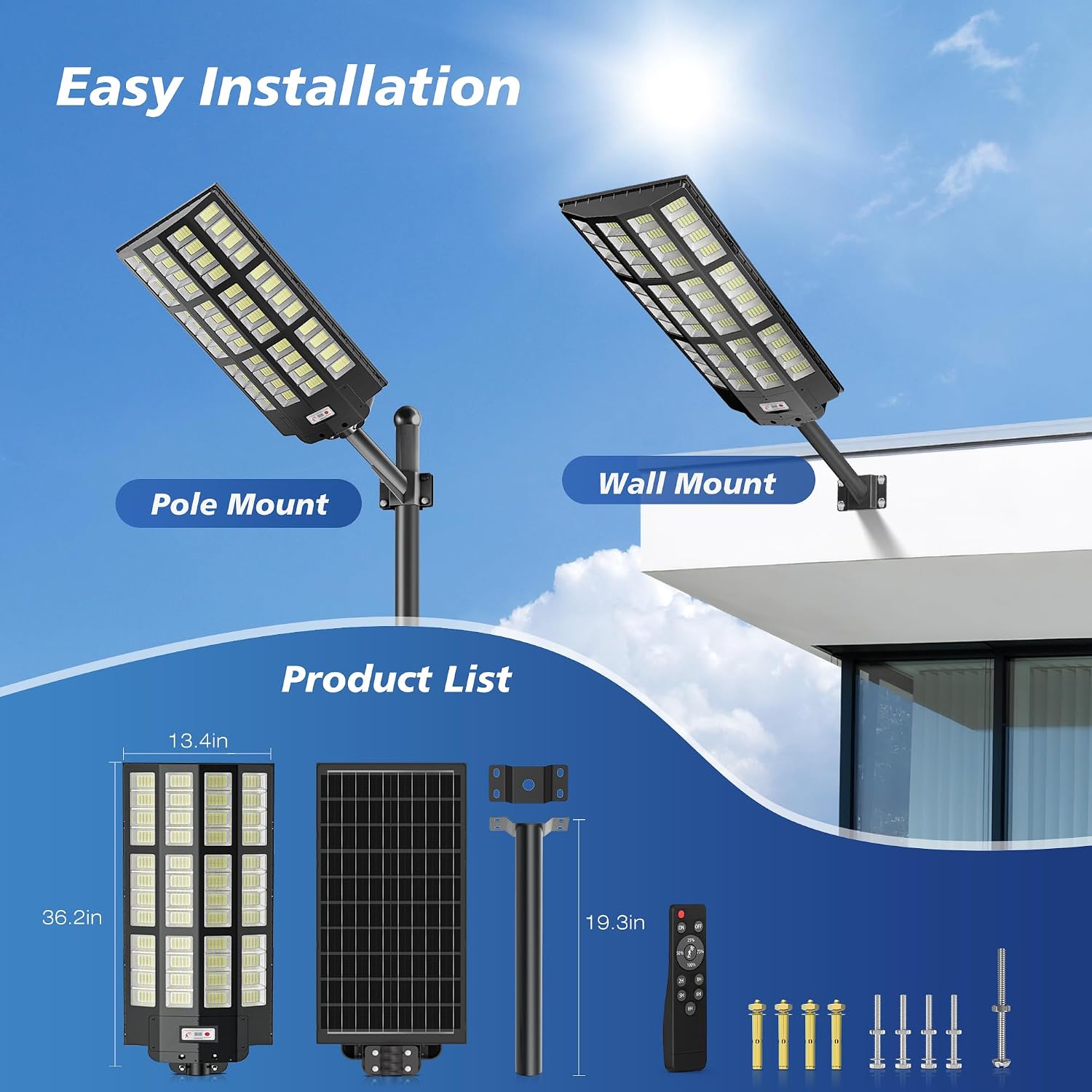 WYWNA 15000W Solar Street Lights Outdoor - Wide Angle Solar Lights Outdoor Motion Sensor, Commercial Parking Lot Light Dusk to Dawn, 7000K LED Street Light Heavy Duty IP66 Waterproof 2-Pack