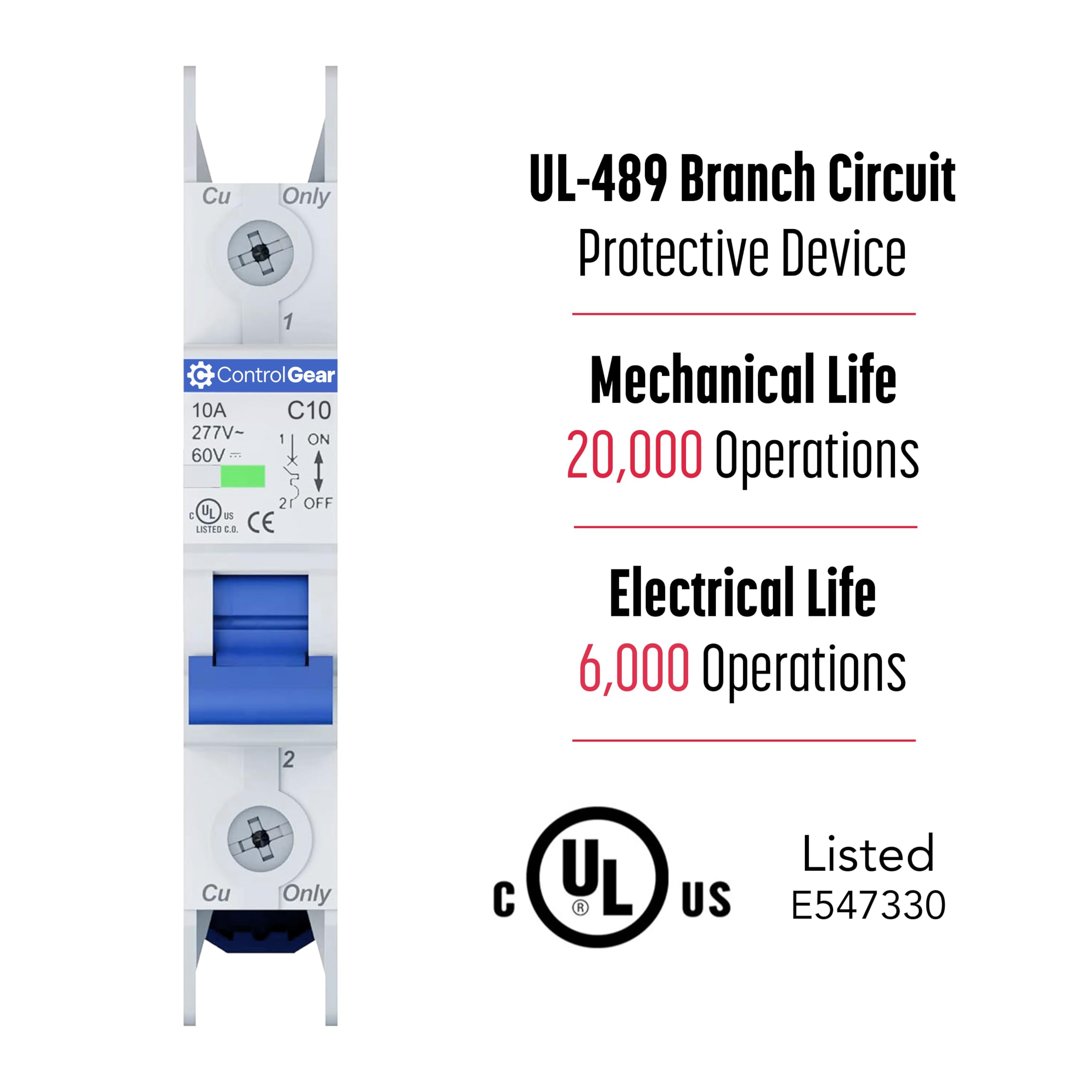 Mini Circuit Breaker UL489 Listed 10A C Curve 277VAC 60VDC 10kAIC DIN Rail Mount Non Polarized MCB Branch Circuit Protection, ControlGear CGMB1C10 (1 Pole CTrip 10 Amp)
