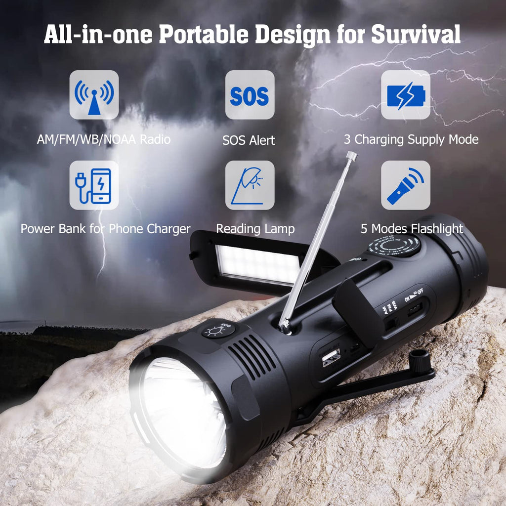 PPLEE Emergency Weather Radio NOAA Certified, Hand Crank Solar Flashlight Radio with Cell Phone Charger, Portable AM FM Battery Powered Radio, Reading Lamp, SOS Alarm for Hurricane Camping Survival