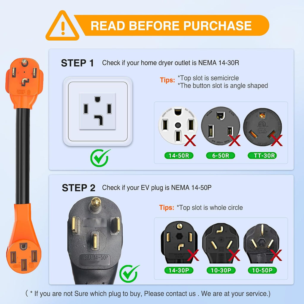 Nilight EV Adapter Cord 30 Amp to 50 Amp 4 Prong Pure Copper New Dryer Outlet to EV Plug Conversion Heavy Duty 10 Gauge Wire Nema 14-30P to 14-50R 30M/50F for Level 2 EVs Using
