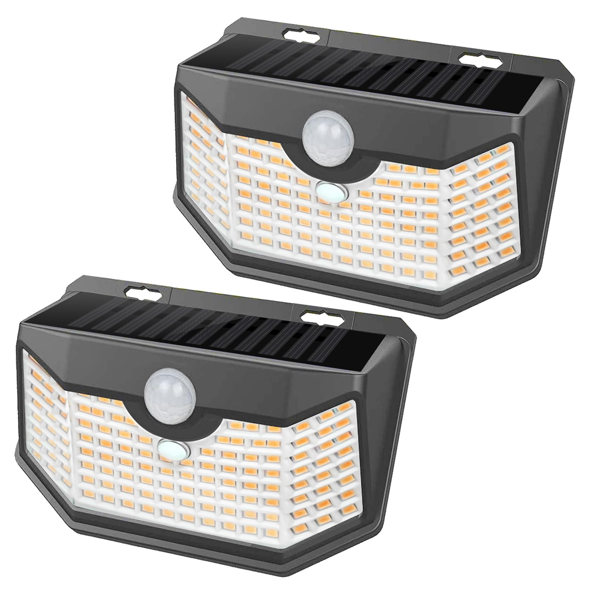 HMCITY Solar Lights Outdoor 120 LED with 3 Lighting Modes, Motion Sensor Wall Lights,IP65 Waterproof Solar Powered for Garden Patio Yard (Back Button 2Packs, Black Shell-Daylight White)