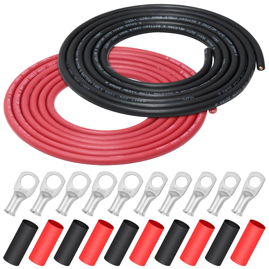 iGreely 4 AWG Gauge Wire Pure Copper Welding Battery Cable for Vehicle Solar,10Ft Black+10Ft Red Flexible OFC Cables with 5pcs of 5/16" & 5pcs 3/8" Copper Lug Terminal Connector Heat Shrink Tubing