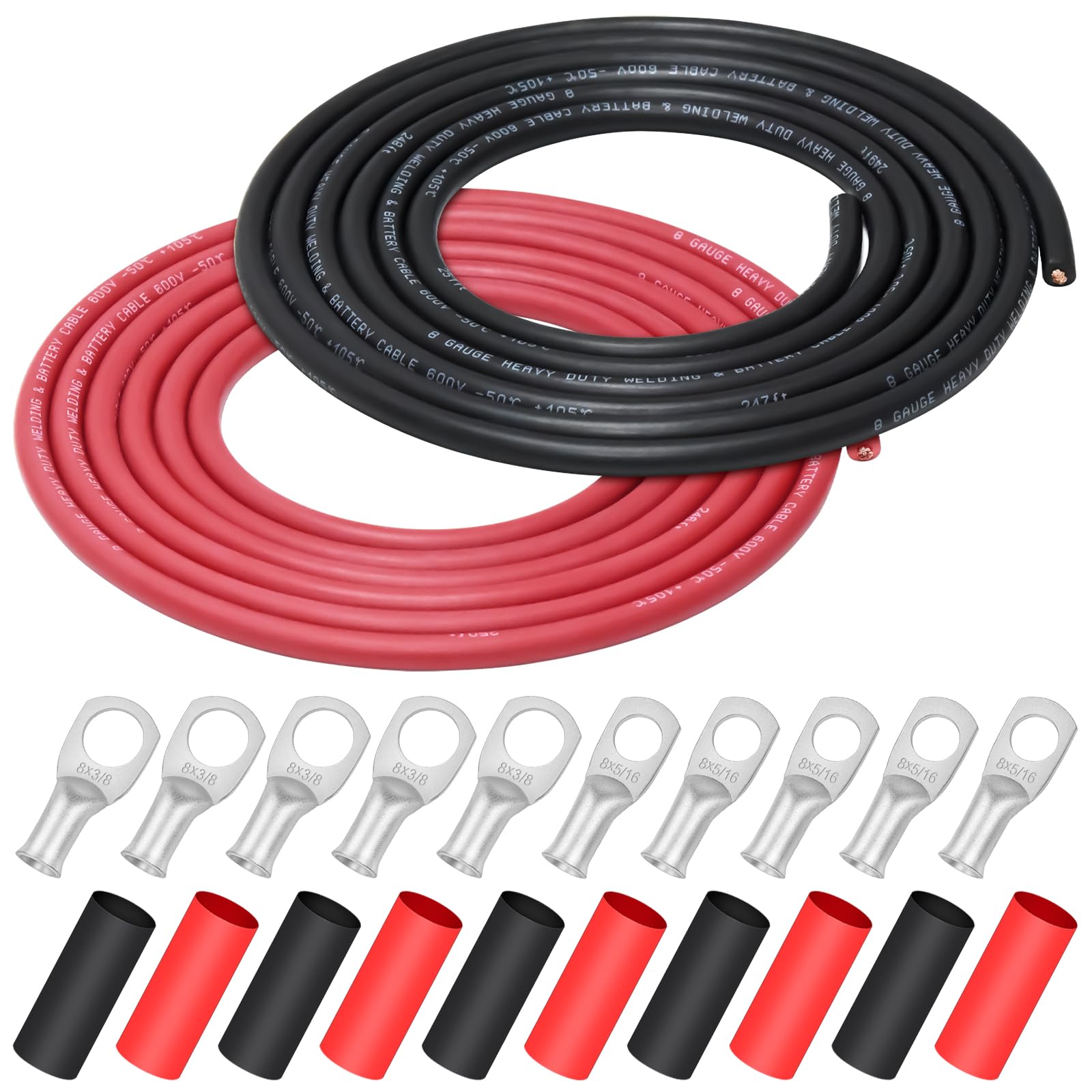 iGreely 4 AWG Gauge Wire Pure Copper Welding Battery Cable for Vehicle Solar,10Ft Black+10Ft Red Flexible OFC Cables with 5pcs of 5/16" & 5pcs 3/8" Copper Lug Terminal Connector Heat Shrink Tubing