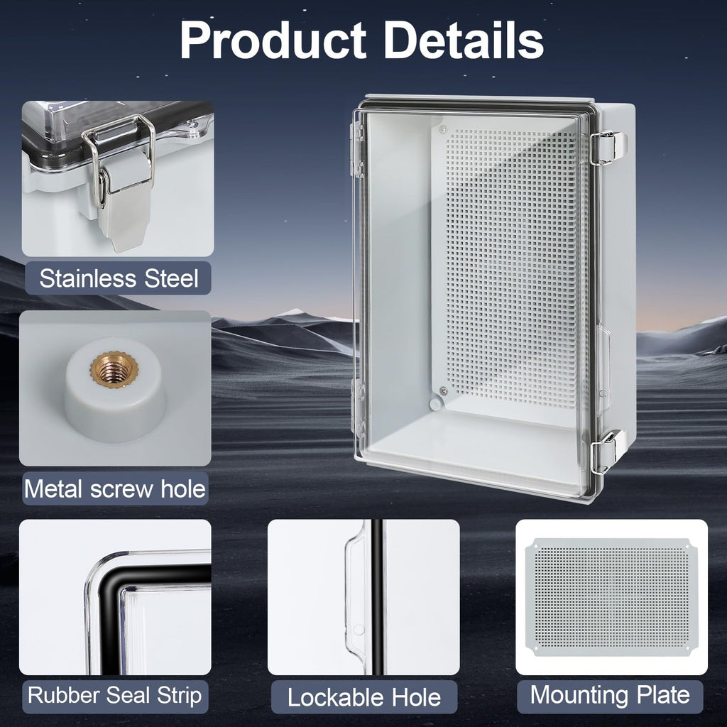 HoHaing Junction Box,IP67 Waterproof Electrical Box Hinged Clear Cover,Electrical Enclosure with Stainless Steel Latch,Terminal Box with Mounting Plate,Wire Connectors,Electrical Tapes,13.8"x9.8"x5.9"