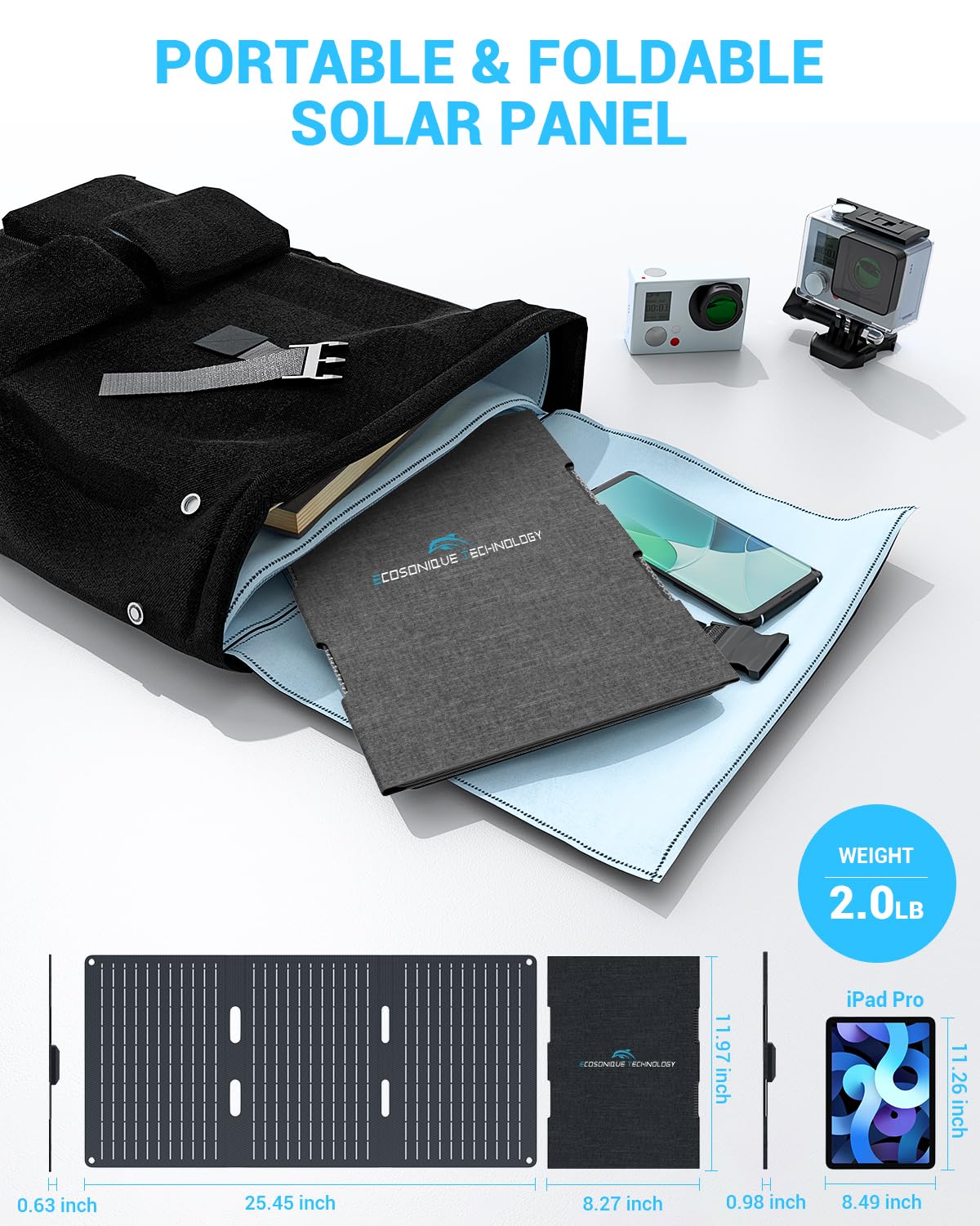 Ecosonique 30W Portable Foldable Solar Panel Charger with USB-C & USB-A