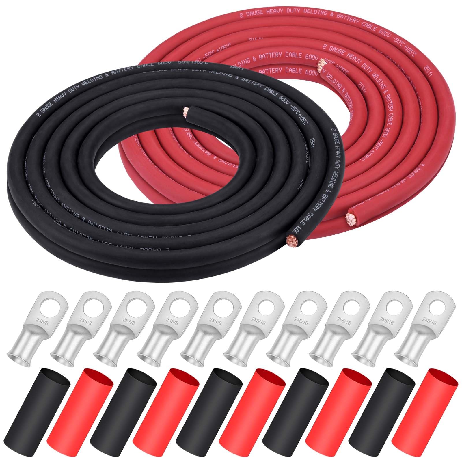 iGreely 4 AWG Gauge Wire Pure Copper Welding Battery Cable for Vehicle Solar,10Ft Black+10Ft Red Flexible OFC Cables with 5pcs of 5/16" & 5pcs 3/8" Copper Lug Terminal Connector Heat Shrink Tubing