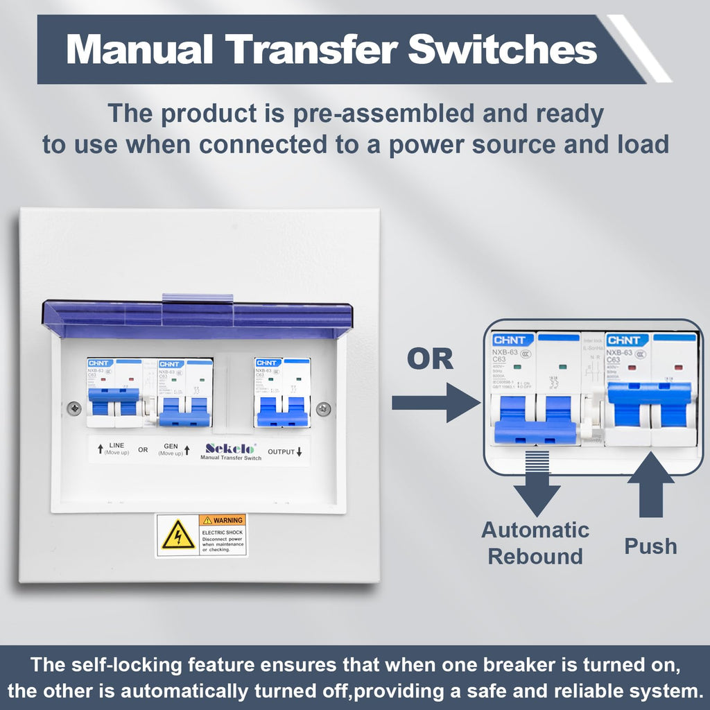 Sekelo 63 Amp Generator Transfer Switch, 120/240V Prewired Manual Transfer Switch with 3 Circuit Breakers, Overload Protection, Easy Installation for Portable Generators & Solar Power Systems