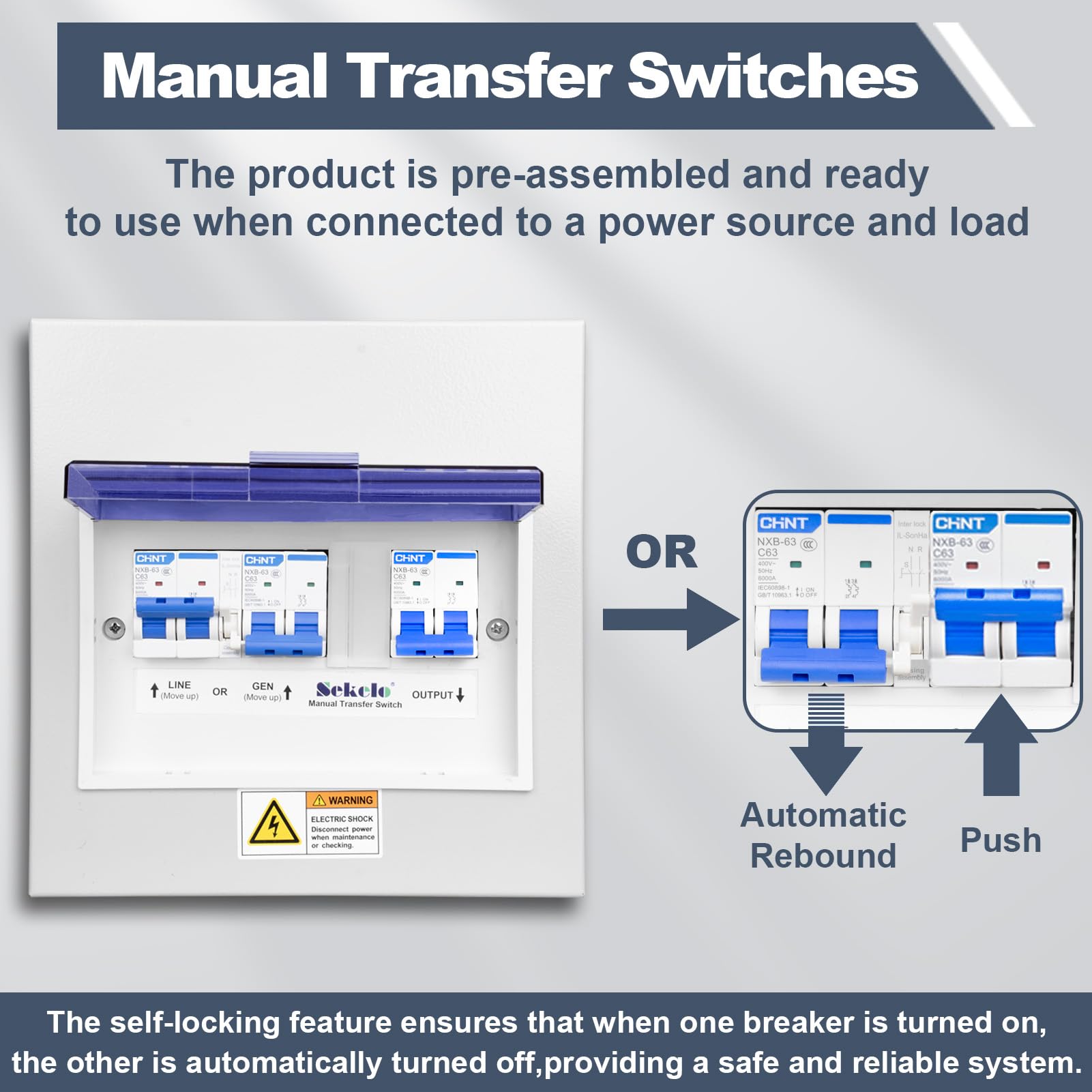 Sekelo 63 Amp Generator Transfer Switch, 120/240V Prewired Manual Transfer Switch with 3 Circuit Breakers, Overload Protection, Easy Installation for Portable Generators & Solar Power Systems