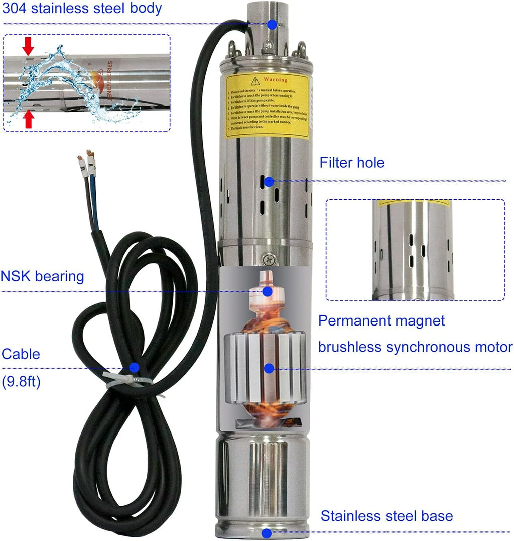 Pump 270W DC 24V Solar Water Pumps, Max head 262ft,7.9GPM Flow，3 inch Solar deep well submersible Pumps with MPPT controller （270W 24V)