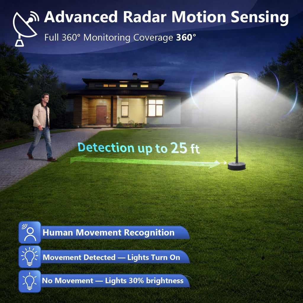 Movable Solar Street Lights Outdoor with Pole, 10000W 9999LM IP65 Waterproof Motion Sensor Lamp Posts Remote Control at 360° No Drill for Yard, Camping, Garden, Outside (86.6" Pole 216 LED)