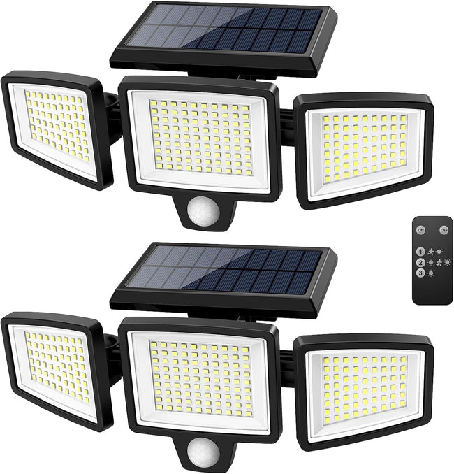 Tuffenough Solar Outdoor Lights 2500LM 210 LED Security Lights with Remote Control,3 Heads Motion Sensor Lights, IP65 Waterproof,270° Wide Angle Flood Wall Lights with 3 Modes(2 Packs) Hover Image