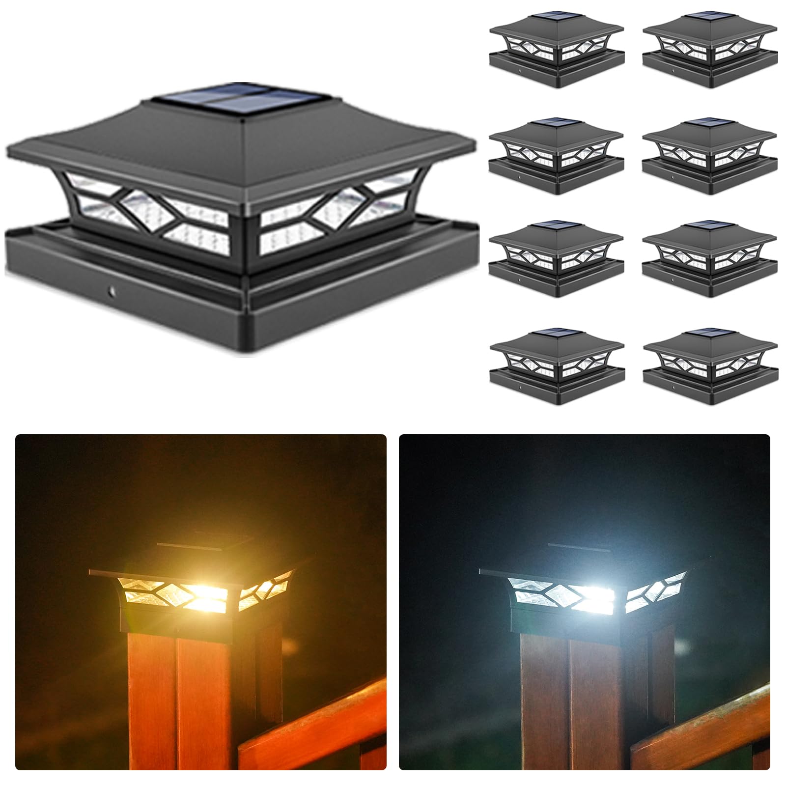 VOLISUN Solar Post Cap Lights: 8 - Pack Outdoor Deck Post Cap Lights White for Dock Fence Waterproof 2 Color Modes,4x4/6x6 Wooden/Vinyl Posts