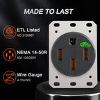 50 Amp EV Charging Outlet, NEMA 14-50R Heavy Duty Receptacle, Allen Screws Wiring, Industrial Grade, 3-Pole, 4-Wire, 125/250VAC, Black, ETL Listed