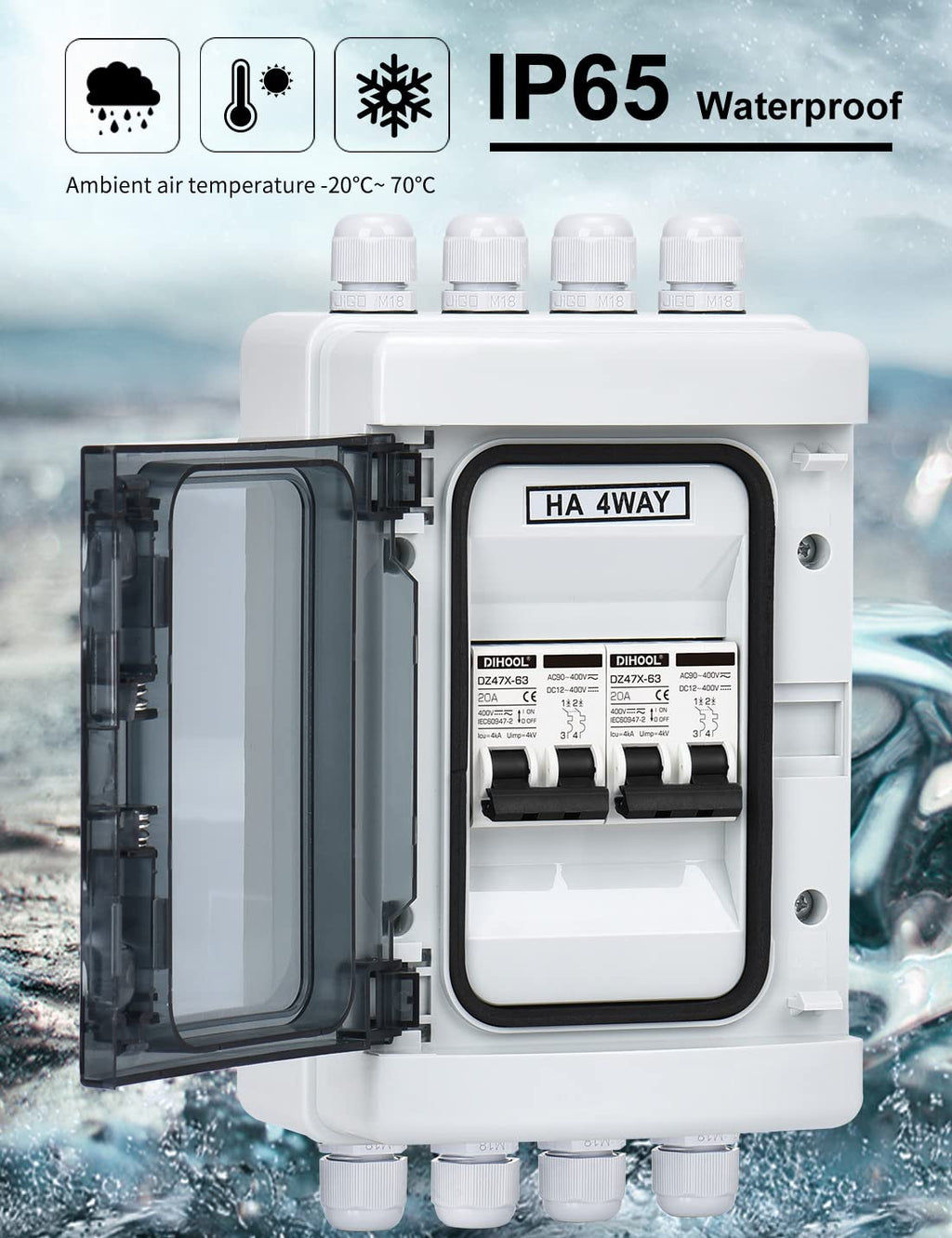 DIHOOL DC Circuit Breaker Box Cover with UV-Proof, 20 Amp Electrical Power Distribution Box 2 in 2 Out, PV Solar Disconnect Switch