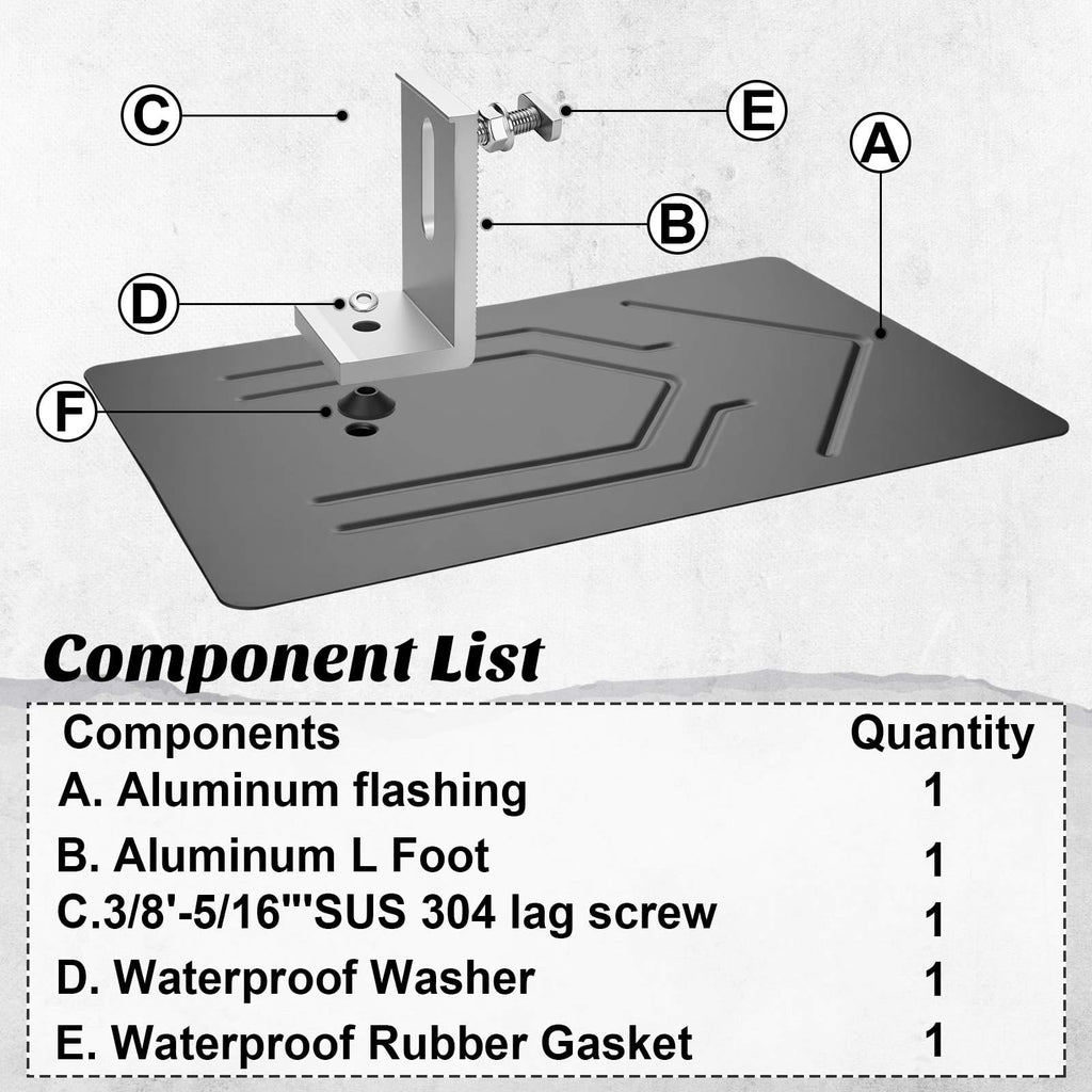 Otoolling 12 Pack Solar Racking Aluminum L Bracket with Flashing for Solar Panel Mounting PV Module Roof Racking Kit for Asphalt Shingle Composition Roofs Waterproof with EPDM Gasket Hardware(12inch)