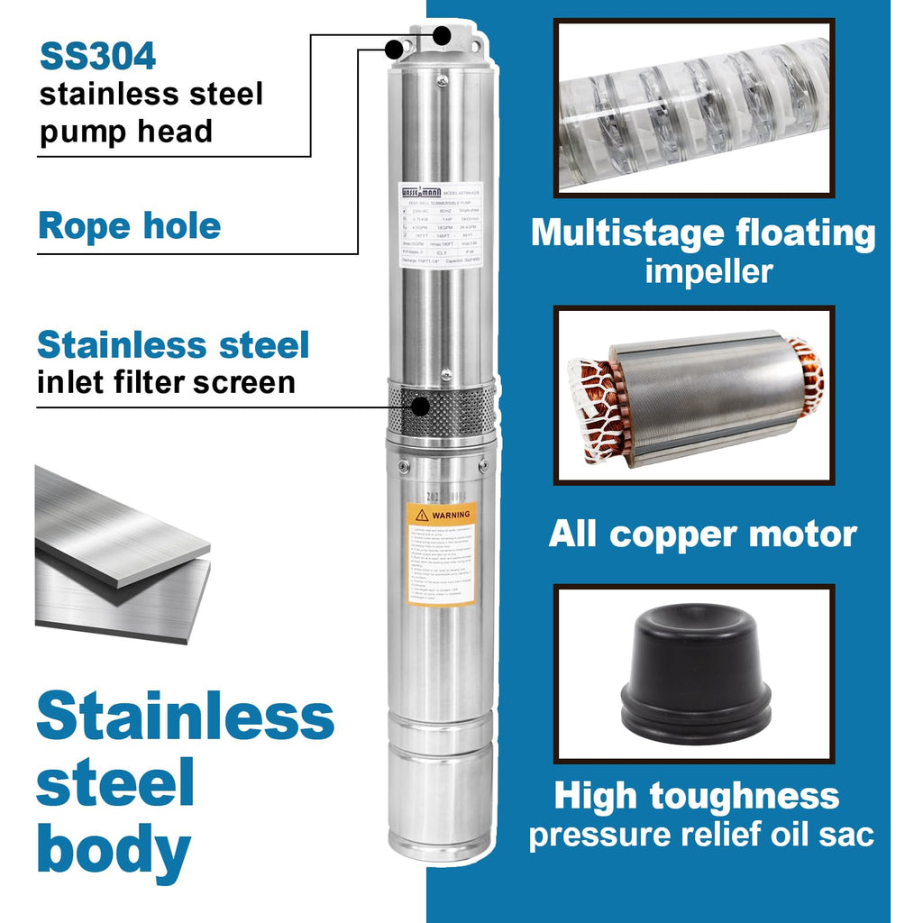 WASSERMANN 4" Deep Well Submersible Pump with 10FT Cable, 1HP, 230V/60HZ, 33GPM, 190FT Head, Stainless Steel Submersible Well Pumps Borehole Water Pump for Home, Factories, Irrigation, Farmland