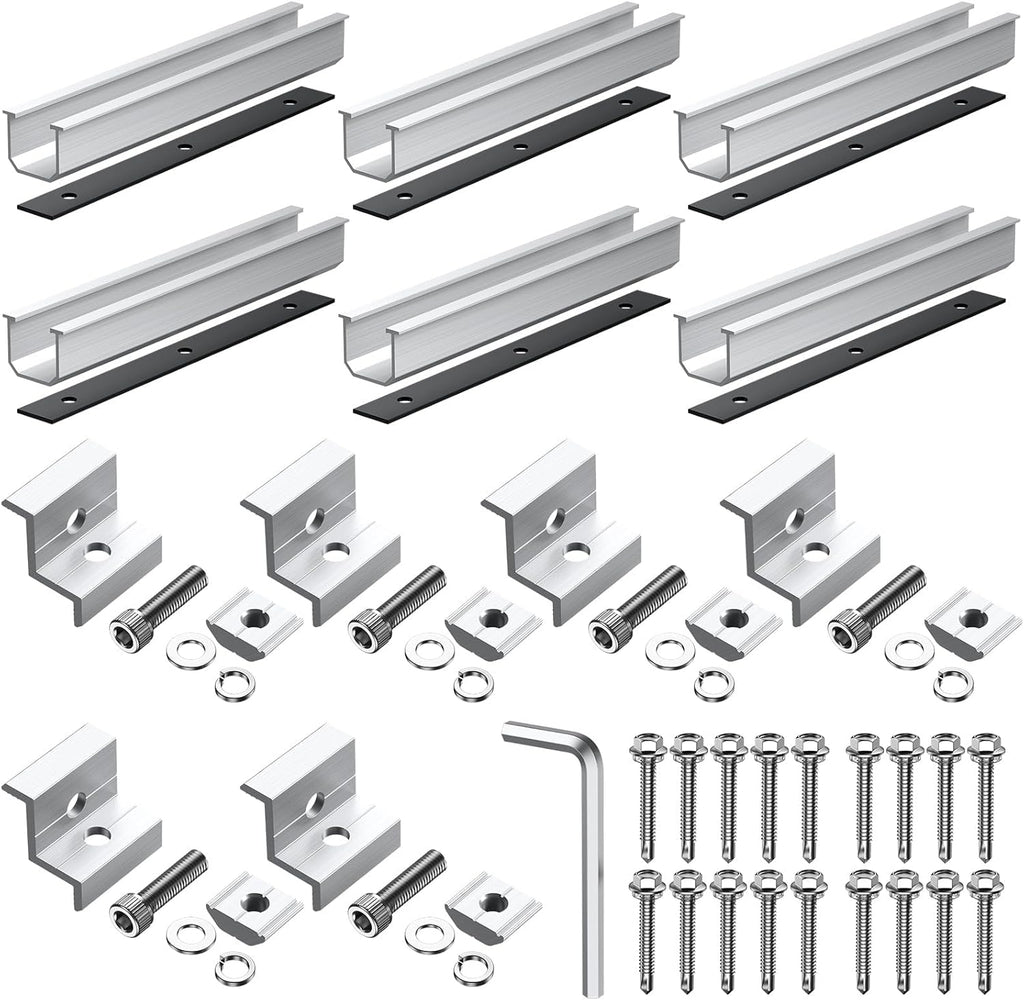 Anbte Solar Panel Bracket Kit, 6 Pcs 7.87 in Aluminium Solar Panel Mounting Rail 30mm/35mm Solar Panel End Clamps, Solar Panel Brackets for Metal Roof, Tin Roof, Flat Roof, Sheet Roof, RV, Silver
