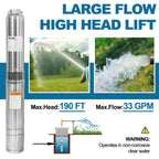 WASSERMANN 4" Deep Well Submersible Pump with 10FT Cable, 1HP, 230V/60HZ, 33GPM, 190FT Head, Stainless Steel Submersible Well Pumps Borehole Water Pump for Home, Factories, Irrigation, Farmland