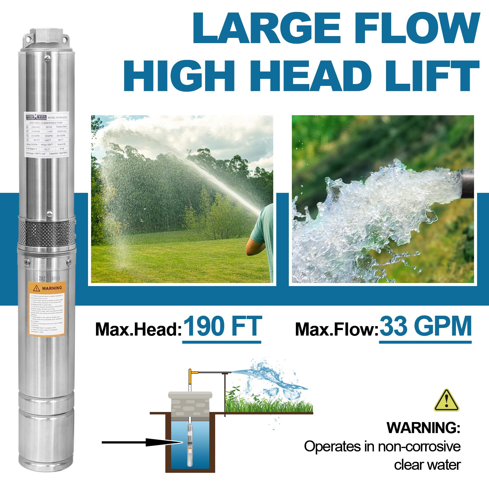 WASSERMANN 4" Deep Well Submersible Pump with 10FT Cable, 1HP, 230V/60HZ, 33GPM, 190FT Head, Stainless Steel Submersible Well Pumps Borehole Water Pump for Home, Factories, Irrigation, Farmland