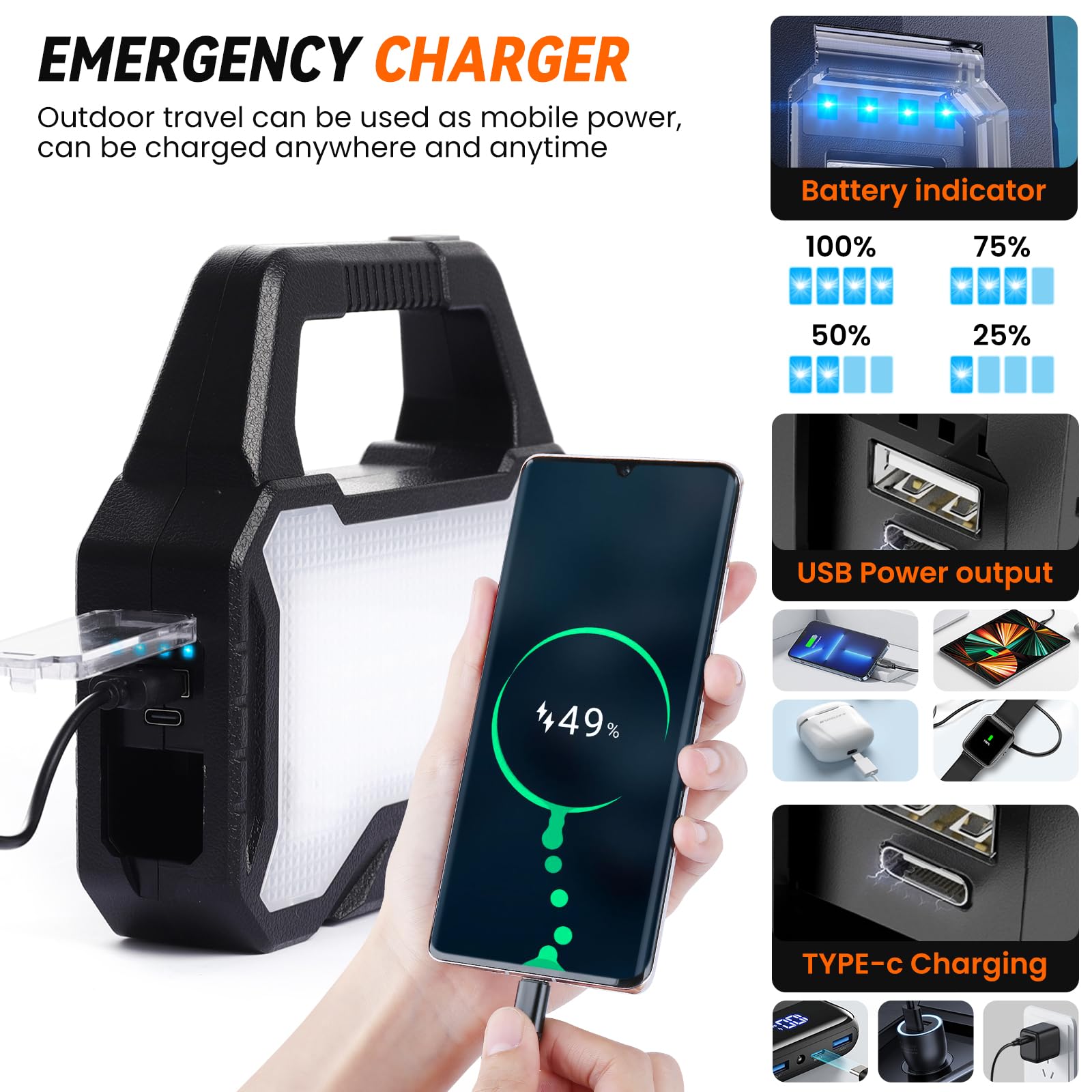 yeatem Solar Flashlight,Multifunctional Flashlight Solar Flashlight,led Flashlight Cell Phone Charger,USB Charging,Suitable for Home,Fishing,Outdoor Camping