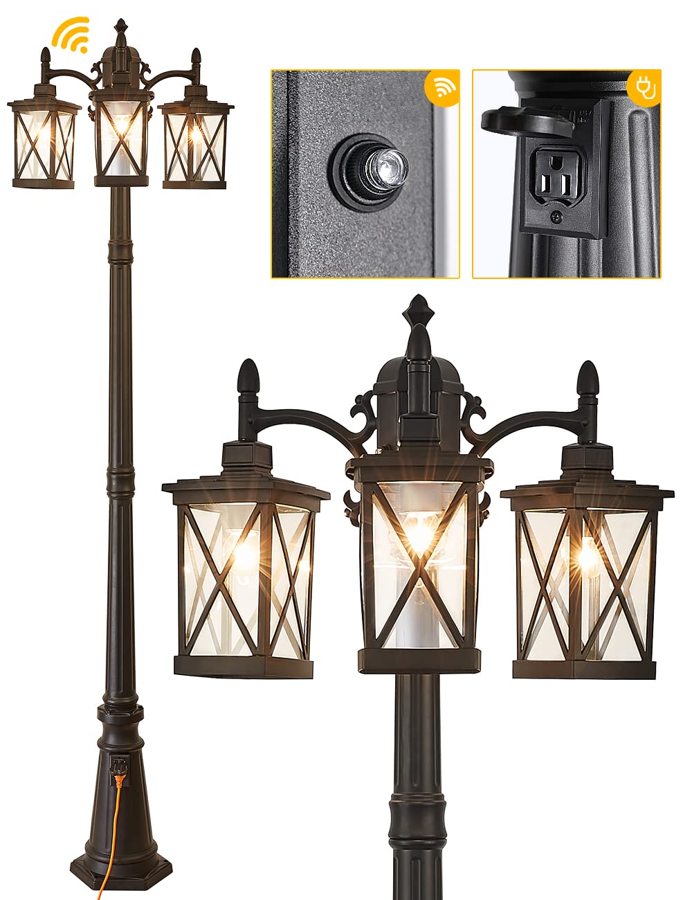 Solar Powered Outdoor Post Light 82.7" H 3-Headed Lamp Post with Dusk to Dawn Sensor Pole Street Lantern 3 Light Black Outdoor Lamp Post Lights E26 Outdoor Street Light for Pole Garden Yard