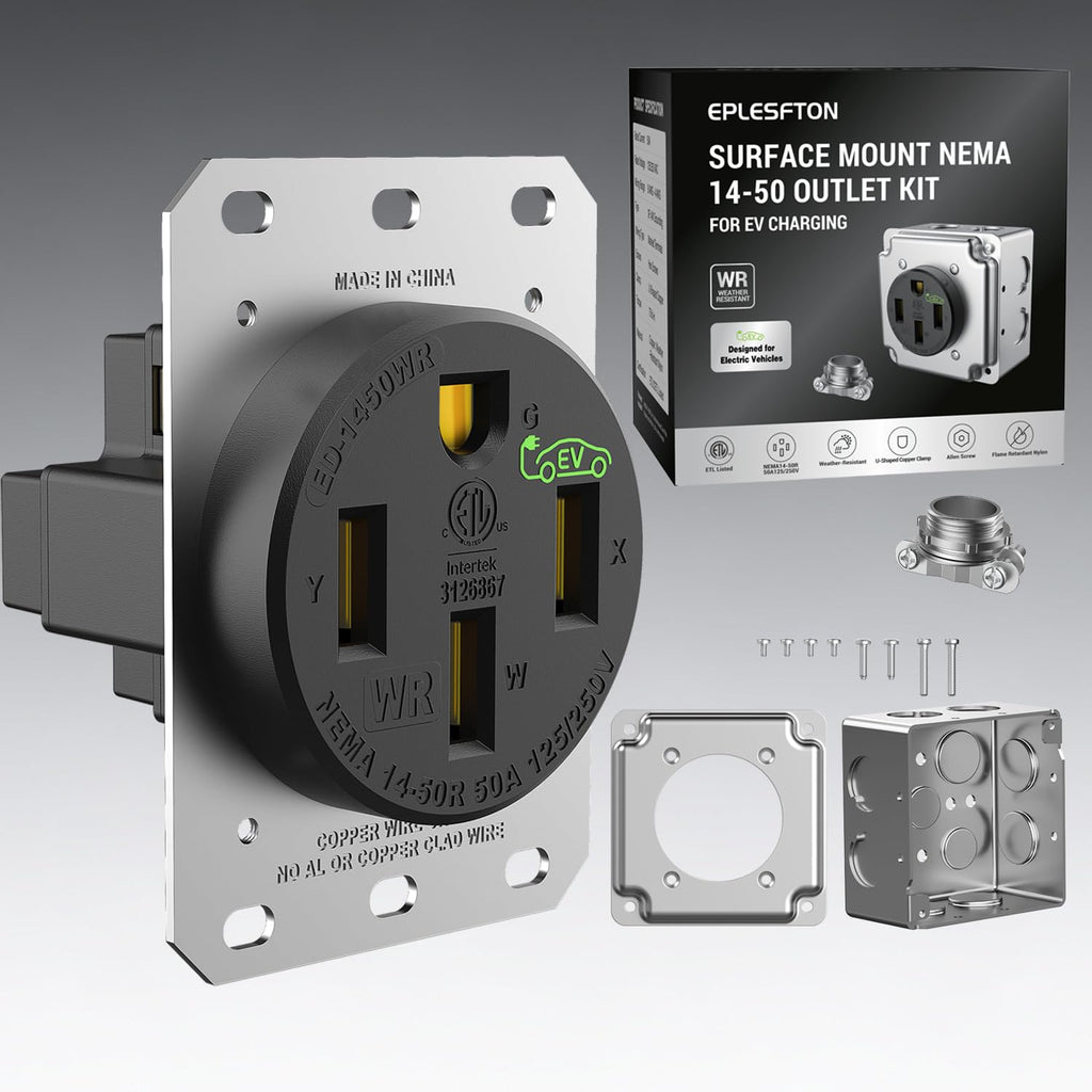 Nema 14-50 EV Outlet with Surface Mount Box Kit, Weather Resistant 50 amp EV Charging Straight Blade Device Receptacle, 3-Pole 4-Wire Grounding, 50A 125/250V,ETL Listed,Black