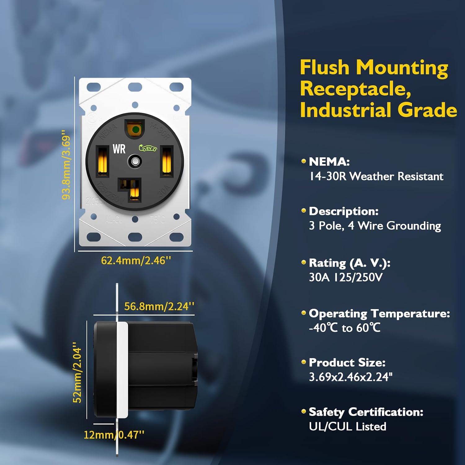 30 Amp EV Charging Straight Blade Device Receptacle/Outlet, Weather-Resistant NEMA 14-30R Heavy Duty, Industrial Grade, 3-Pole 4-Wire Grounding, 30A 125/250V, ETL Listed,Black