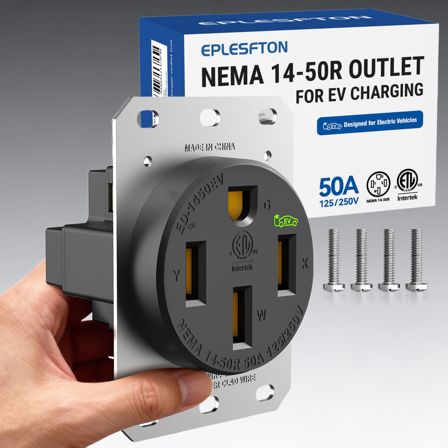 Nema 14-50 EV Outlet with Wall Plate Kit, Heavy Duty 50 amp EV Charging Straight Blade Device Receptacle, 3-Pole 4-Wire Grounding, 50A 125/250V,ETL Listed,Black