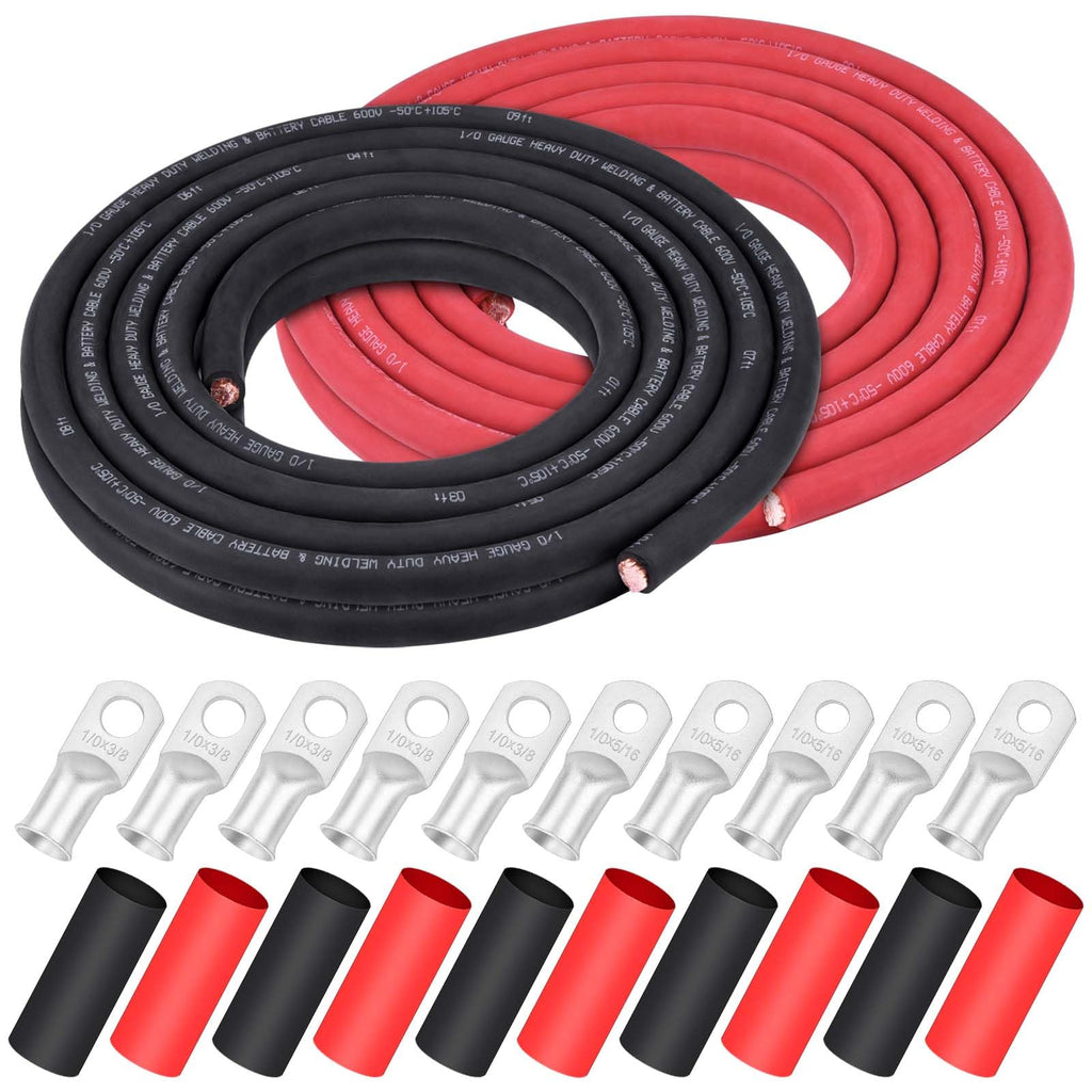 iGreely 4 AWG Gauge Wire Pure Copper Welding Battery Cable for Vehicle Solar,10Ft Black+10Ft Red Flexible OFC Cables with 5pcs of 5/16" & 5pcs 3/8" Copper Lug Terminal Connector Heat Shrink Tubing