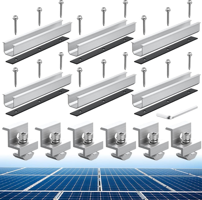 Anbte Solar Panel Bracket Kit, 6 Pcs 7.87 in Aluminium Solar Panel Mounting Rail 30mm/35mm Solar Panel End Clamps, Solar Panel Brackets for Metal Roof, Tin Roof, Flat Roof, Sheet Roof, RV, Silver Hover Image