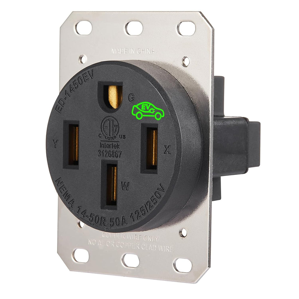 50 Amp EV Charging Outlet, NEMA 14-50R Heavy Duty Receptacle, Allen Screws Wiring, Industrial Grade, 3-Pole, 4-Wire, 125/250VAC, Black, ETL Listed