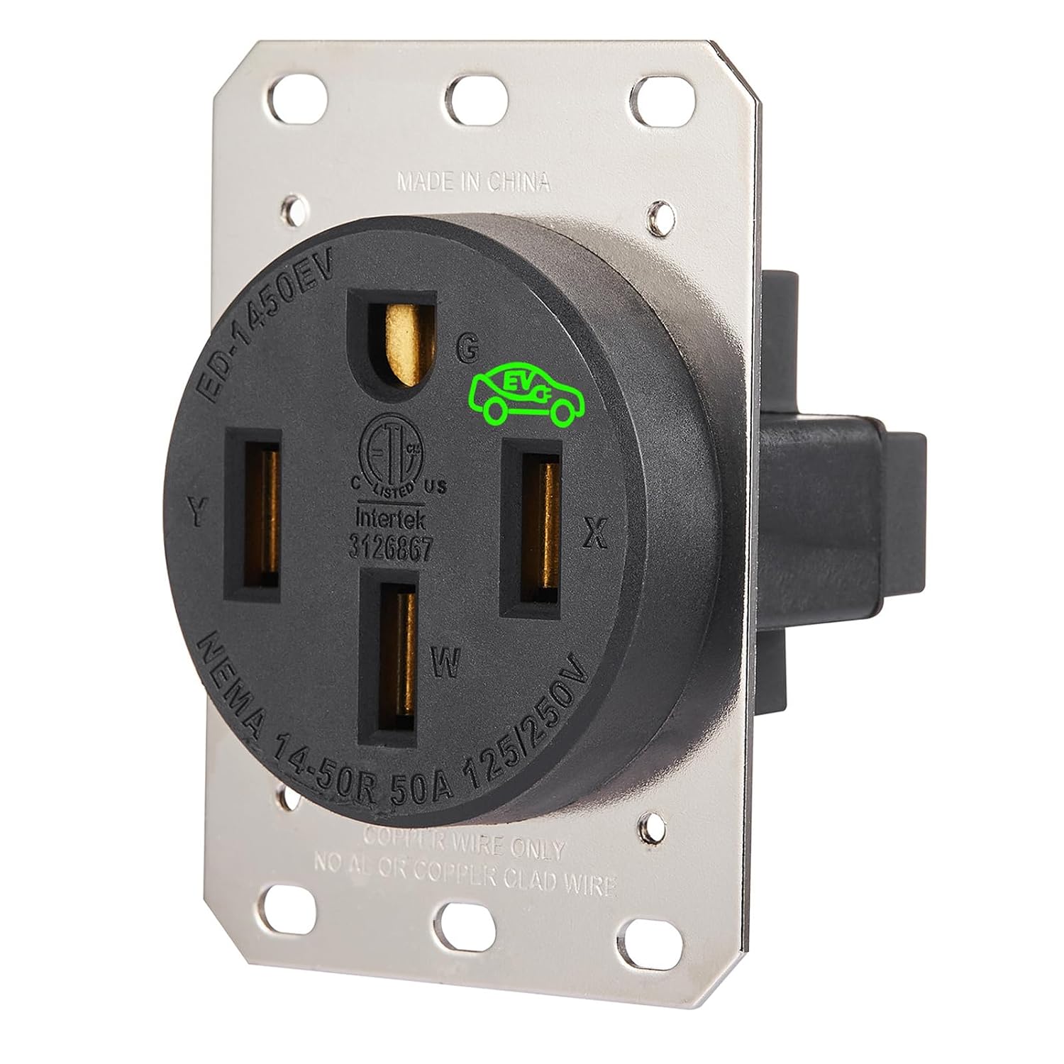 50 Amp EV Charging Outlet, NEMA 14-50R Heavy Duty Receptacle, Allen Screws Wiring, Industrial Grade, 3-Pole, 4-Wire, 125/250VAC, Black, ETL Listed