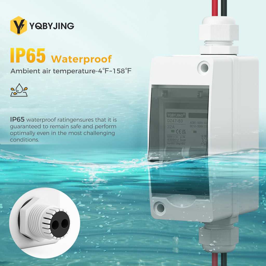 YQBYJING Solar Panel Disconnect Switch 32Amp DC AC Miniature Circuit Breaker 500V 2 Poles with PV Connector and IP65 Waterproof UV-Proof Box for Outdoor Solar PV Homes Battery