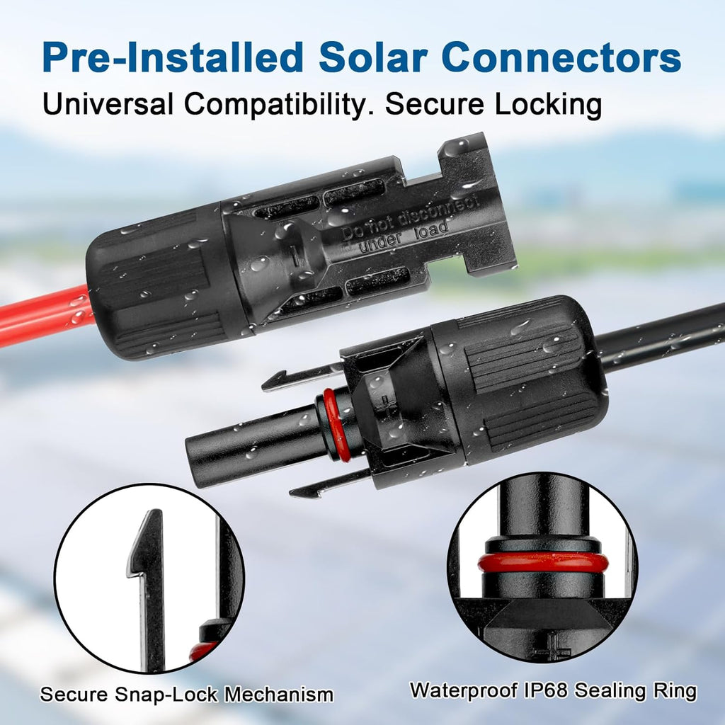 10AWG Solar Extension Cable 5FT – 2 Pack Red & Black PV Wire with Solar Connectors, 84-Strand Tinned Copper, Dual XLPE Insulated, Outdoor UV-Resistant Cable for RV, Inverter, Battery