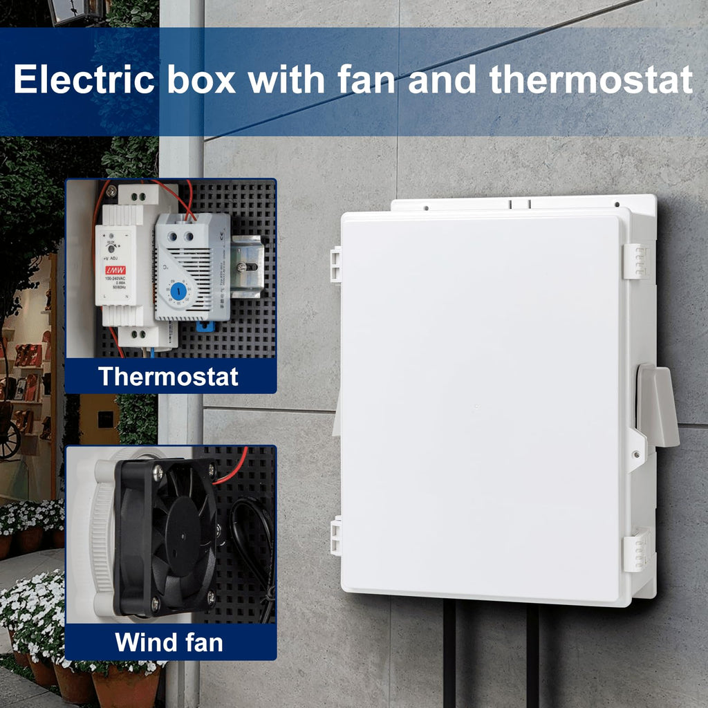 Namunanee Outdoor Electrical Box with Thermostat and Fan, ABS Water Resistant Enclosure with Internal Mounting Panel & Hinged Cover,16" H* 12" L* 5.9" W Plug & Play.