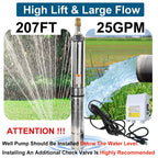 4" Deep Well Submersible Pump, 1/2 HP, 110V, 60 Hz, 25 GPM,207FT Max Head, 33FT Power Cord,Stainless Steel Submersible Well Pump with External Control Box, Check Valve & Outlet,ON/OFF Switch