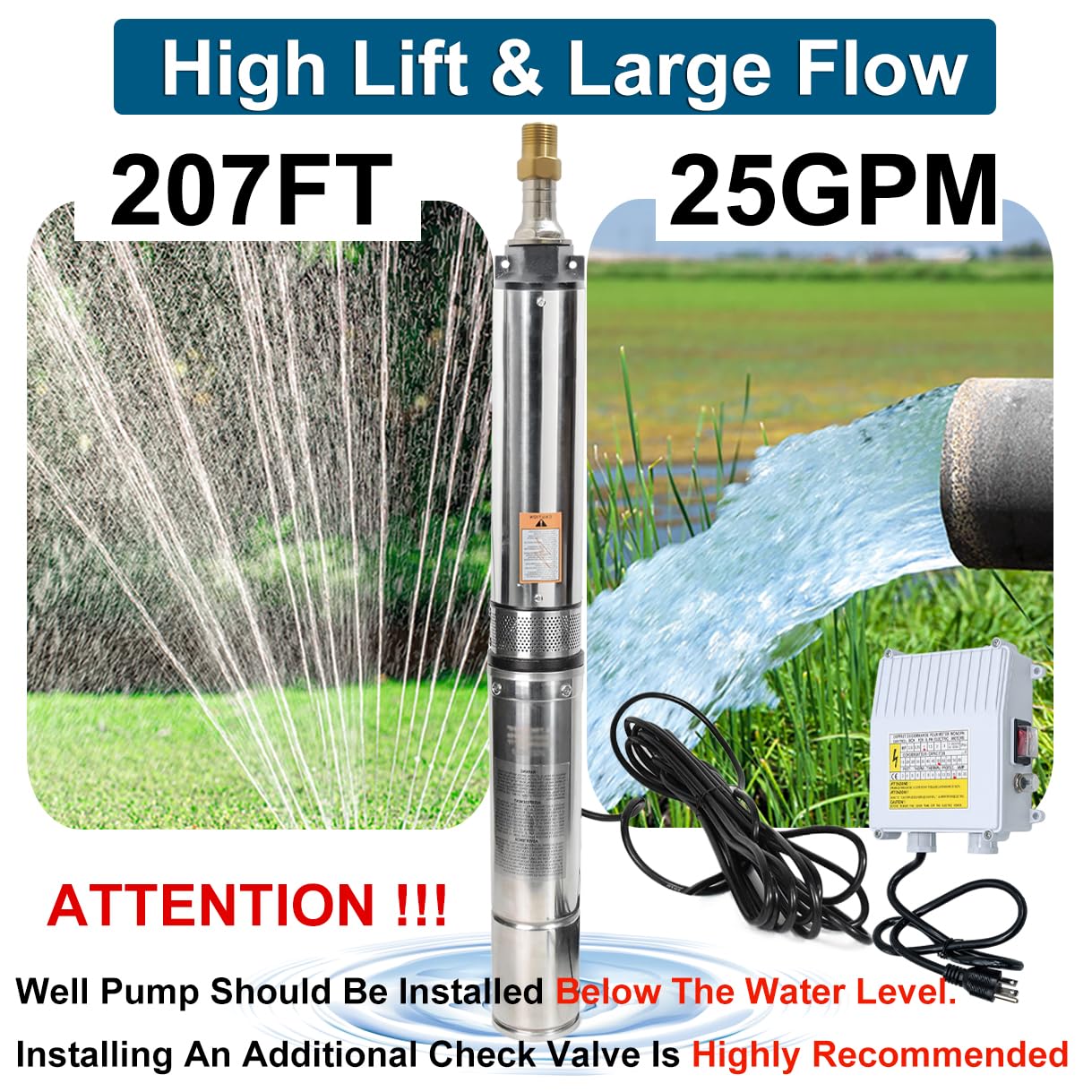 4" Deep Well Submersible Pump, 1/2 HP, 110V, 60 Hz, 25 GPM,207FT Max Head, 33FT Power Cord,Stainless Steel Submersible Well Pump with External Control Box, Check Valve & Outlet,ON/OFF Switch