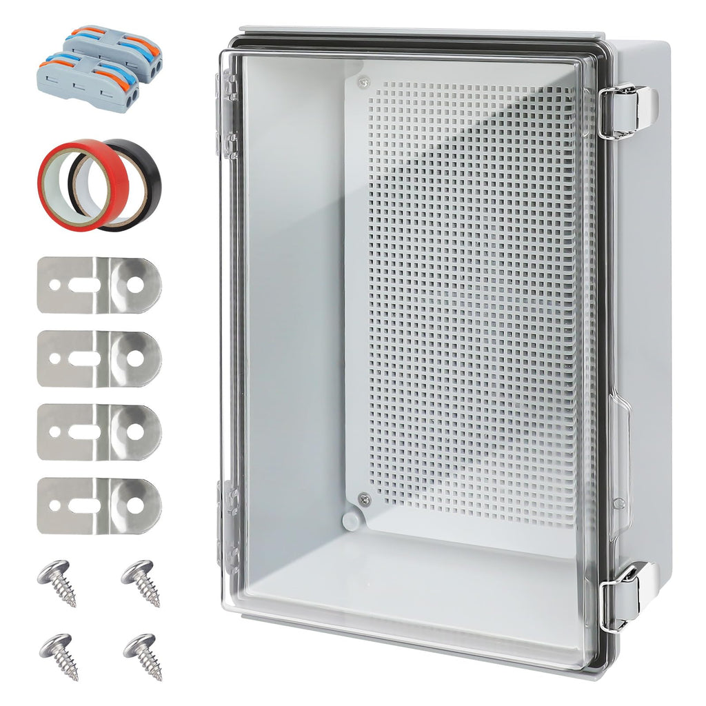 HoHaing Junction Box,IP67 Waterproof Electrical Box Hinged Clear Cover,Electrical Enclosure with Stainless Steel Latch,Terminal Box with Mounting Plate,Wire Connectors,Electrical Tapes,13.8"x9.8"x5.9"
