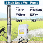 4" Deep Well Submersible Pump, 1/2 HP, 110V, 60 Hz, 25 GPM,207FT Max Head, 33FT Power Cord,Stainless Steel Submersible Well Pump with External Control Box, Check Valve & Outlet,ON/OFF Switch