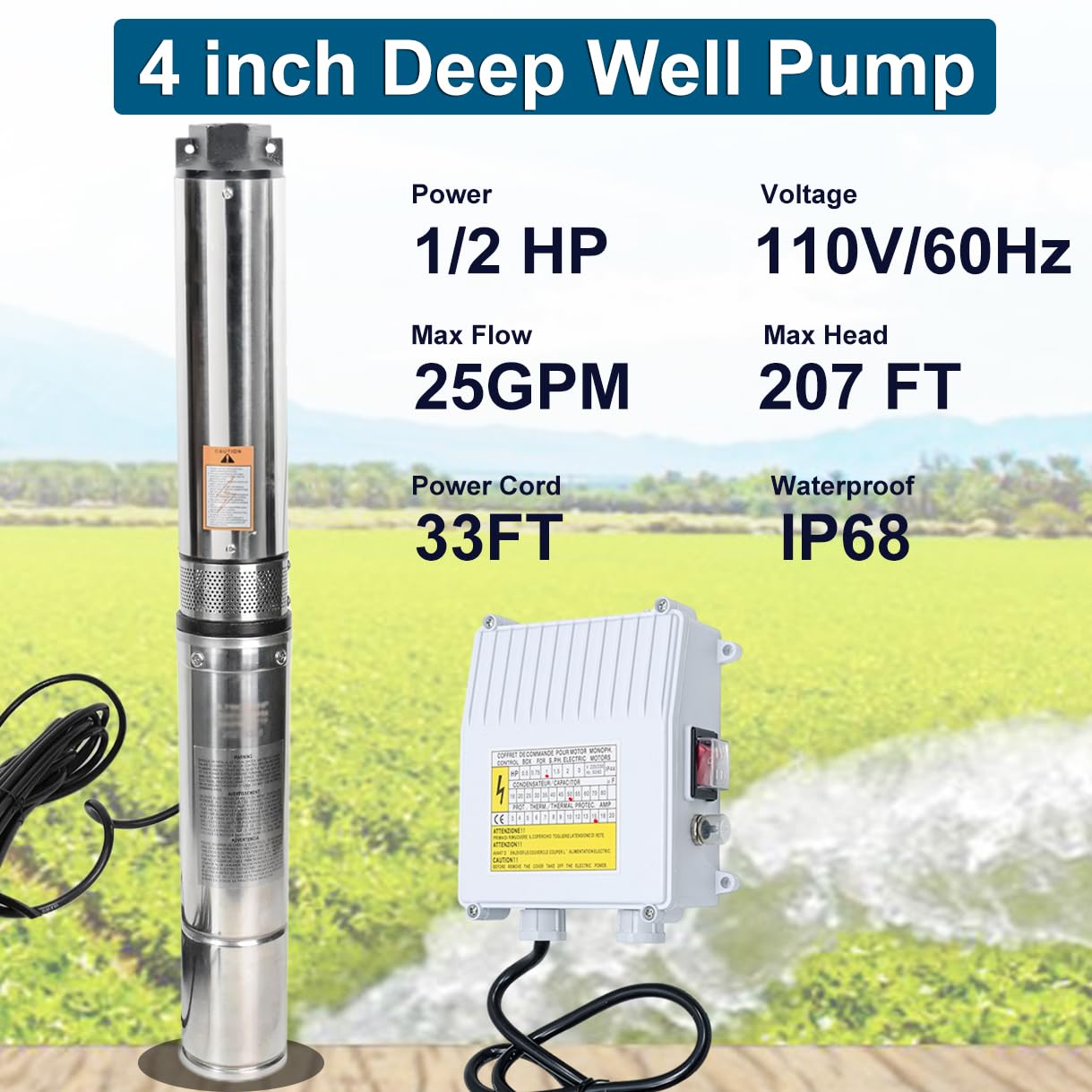 4" Deep Well Submersible Pump, 1/2 HP, 110V, 60 Hz, 25 GPM,207FT Max Head, 33FT Power Cord,Stainless Steel Submersible Well Pump with External Control Box, Check Valve & Outlet,ON/OFF Switch