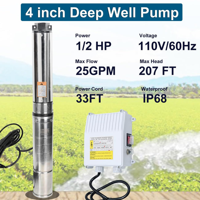 4" Deep Well Submersible Pump, 1/2 HP, 110V, 60 Hz, 25 GPM,207FT Max Head, 33FT Power Cord,Stainless Steel Submersible Well Pump with External Control Box, Check Valve & Outlet,ON/OFF Switch Main Image